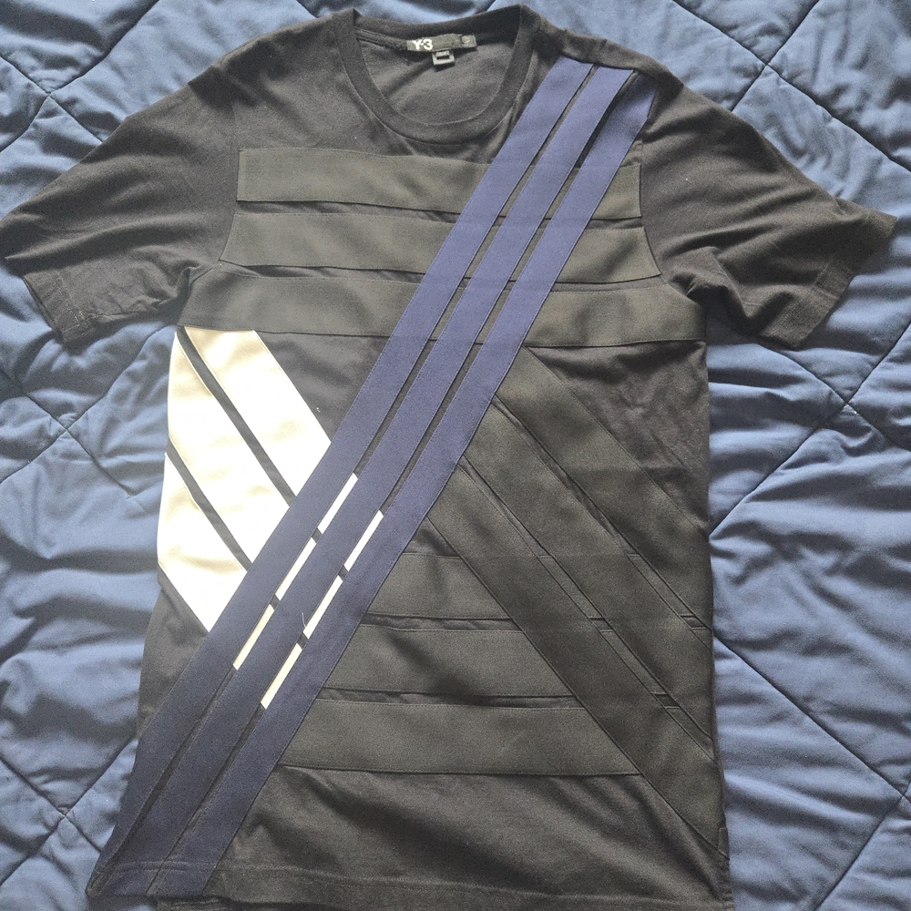 Y-3 Black Tee with Navy Diagonal Stripes and White Accent